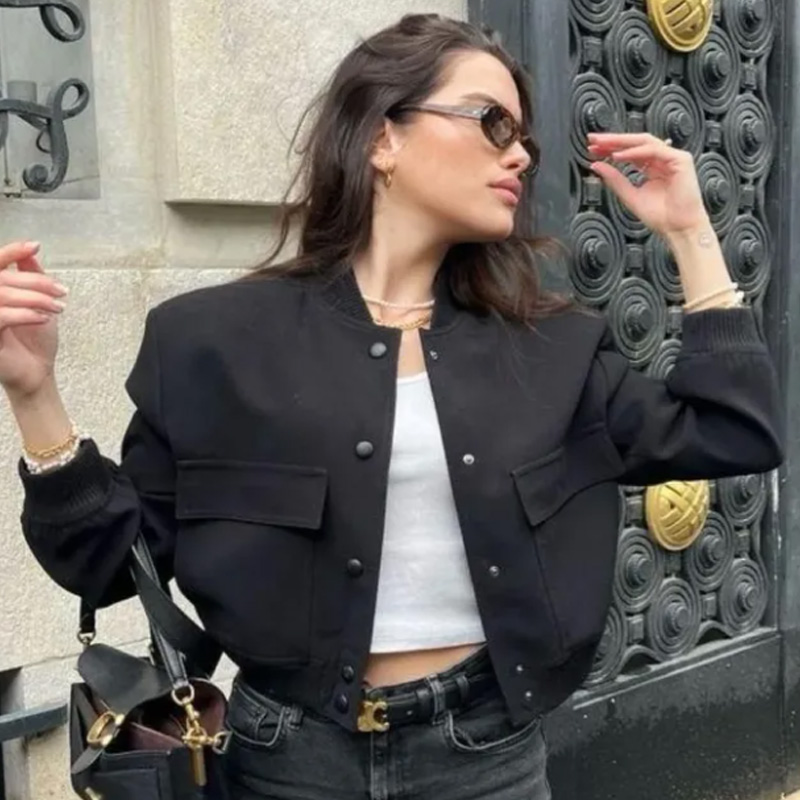 Women'S Fashion Bomber Jacket - HXAO Kadın Bomber Ceket Kırpılmış Siyah
