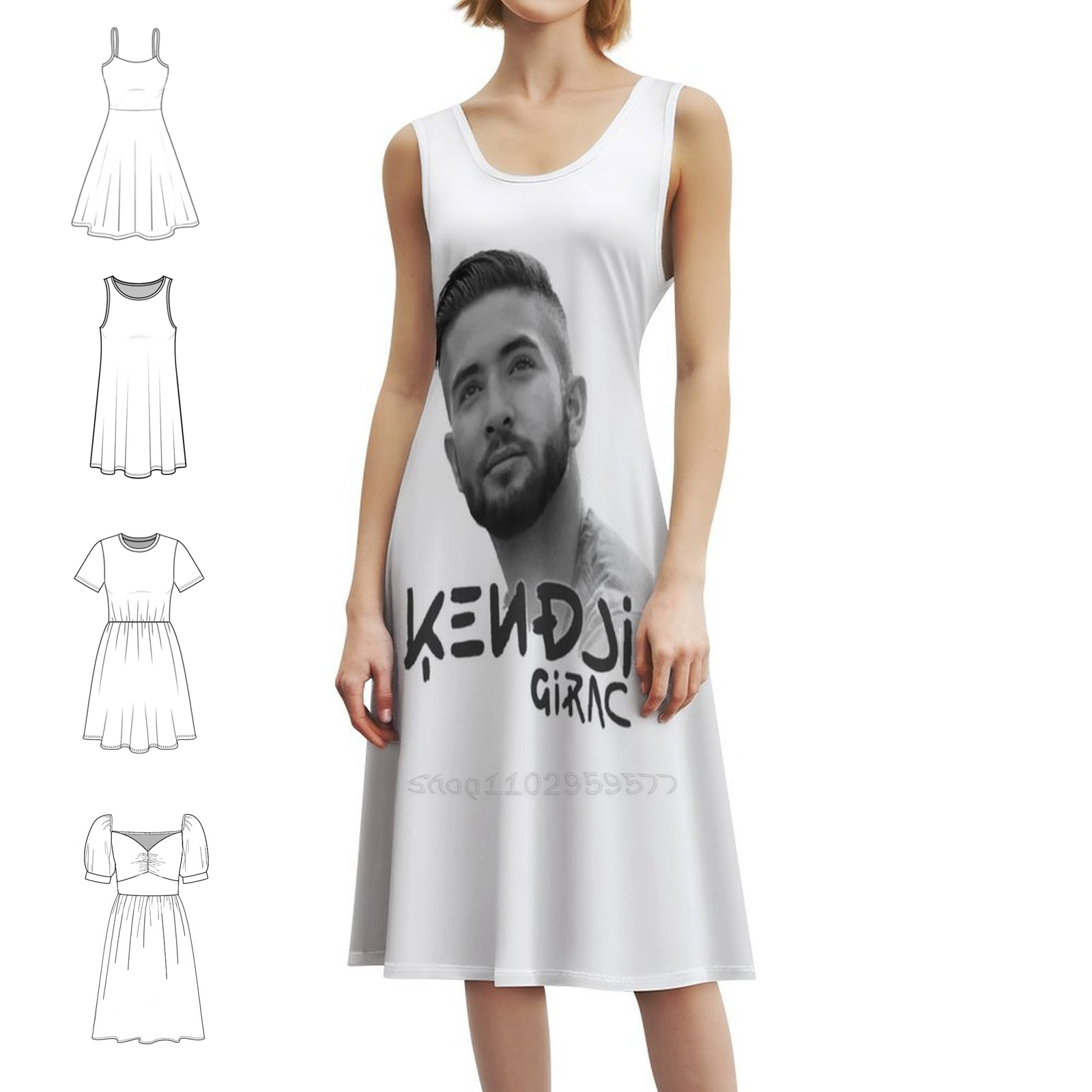 Smocked Dress Women - Kendji Girac Portre Çiçek Desenli Elbise